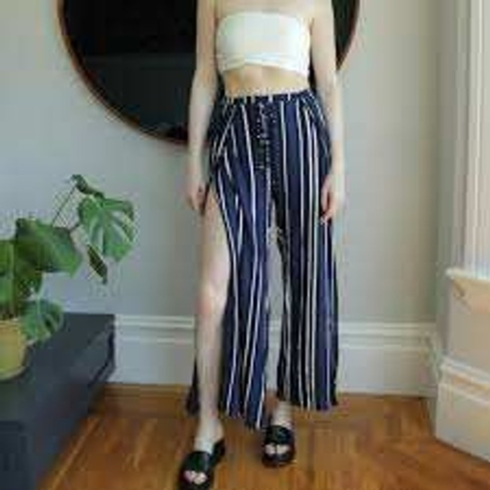 Maeve Striped Wide Leg Pants Womens Large Blue White Black Slit Leg Palazzo